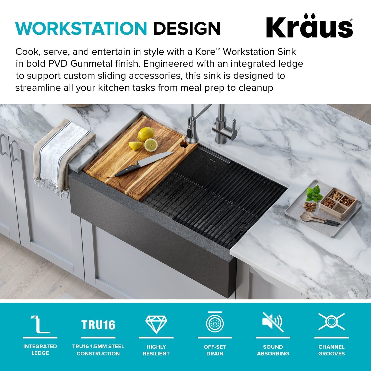 KRAUS Kore Workstation 33" Farmhouse Modern Flat Apron Front 16 Gauge Single Bowl Kitch - KWF410-33/PGMen Sink in PVD Gunmetal