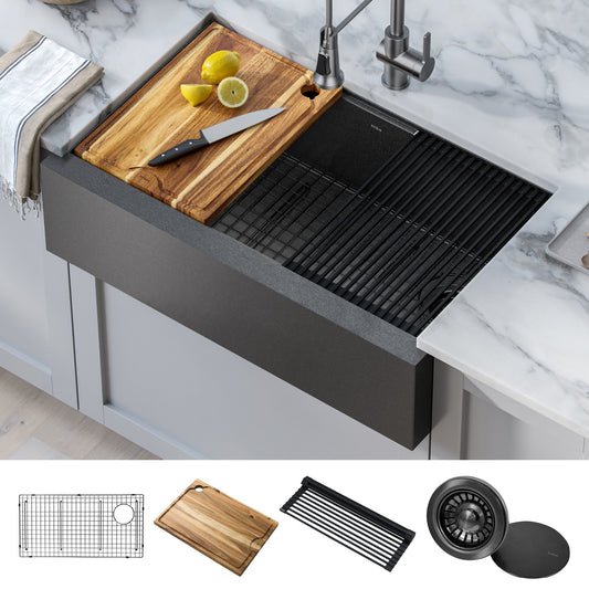 KRAUS Kore Workstation 33" Farmhouse Modern Flat Apron Front 16 Gauge Single Bowl Kitch - KWF410-33/PGMen Sink in PVD Gunmetal