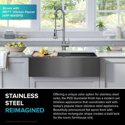 KRAUS Kore Workstation 33" Farmhouse Modern Flat Apron Front 16 Gauge Single Bowl Kitch - KWF410-33/PGMen Sink in PVD Gunmetal
