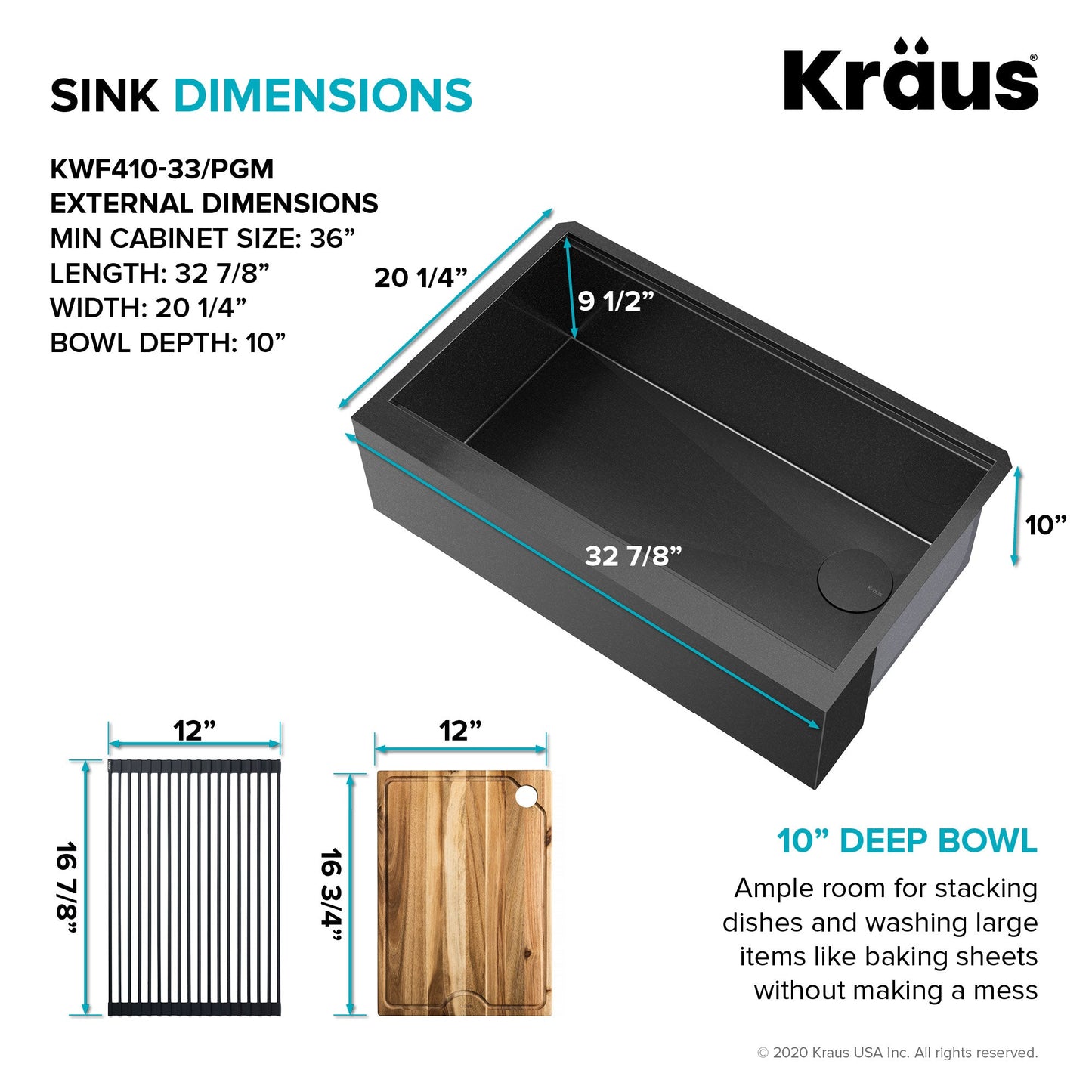 KRAUS Kore Workstation 33" Farmhouse Modern Flat Apron Front 16 Gauge Single Bowl Kitch - KWF410-33/PGMen Sink in PVD Gunmetal