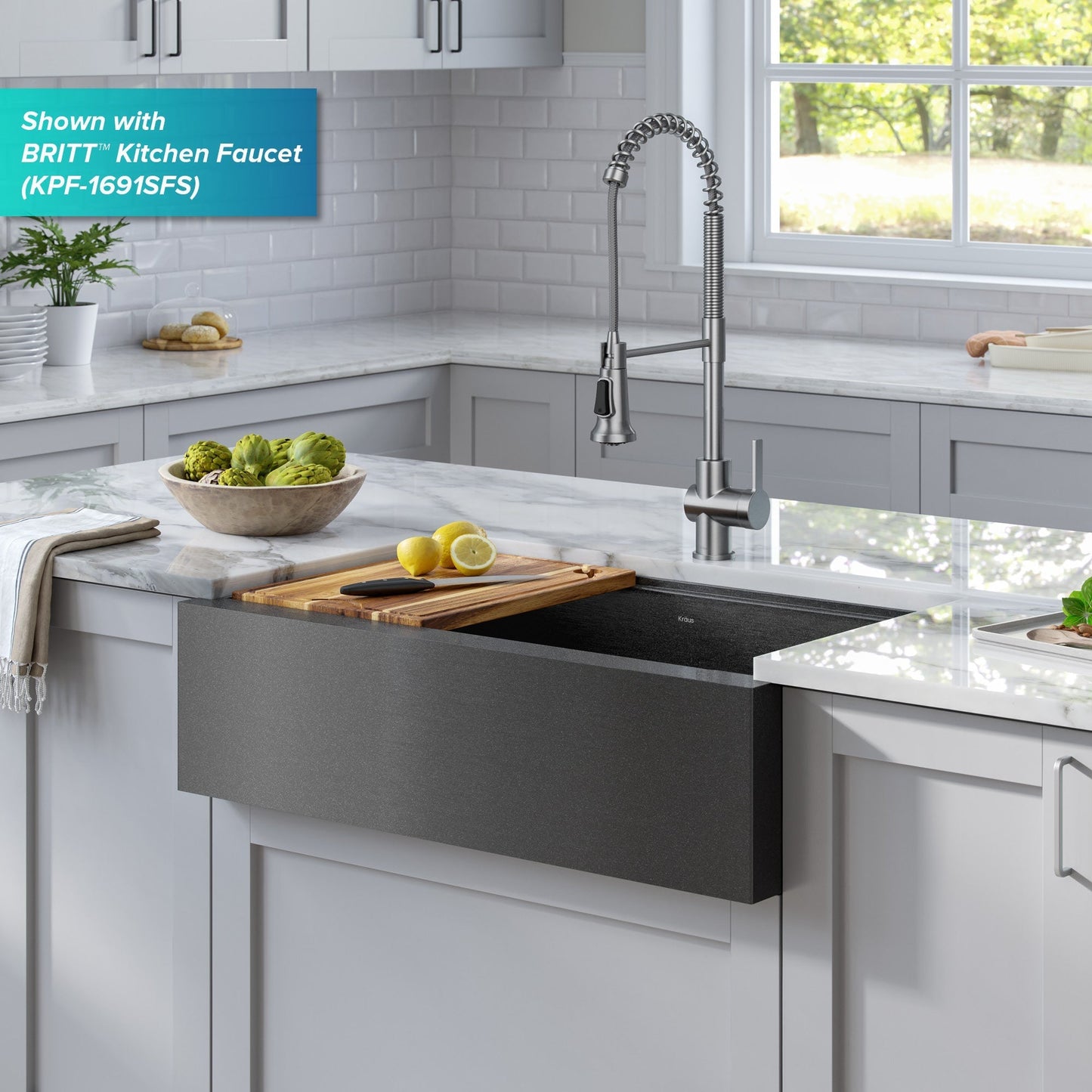 KRAUS Kore Workstation 33" Farmhouse Modern Flat Apron Front 16 Gauge Single Bowl Kitch - KWF410-33/PGMen Sink in PVD Gunmetal