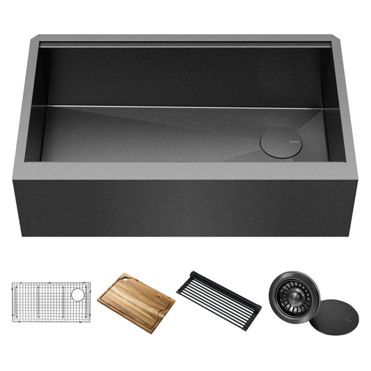 KRAUS Kore Workstation 33" Farmhouse Modern Flat Apron Front 16 Gauge Single Bowl Kitch - KWF410-33/PGMen Sink in PVD Gunmetal
