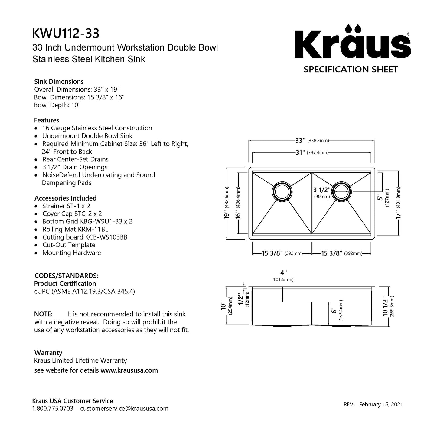 KRAUS Kore Workstation 33" Undermount 16 Gauge Double Bowl Stainless Steel Kitchen Sink with Accessories - KWU112-33