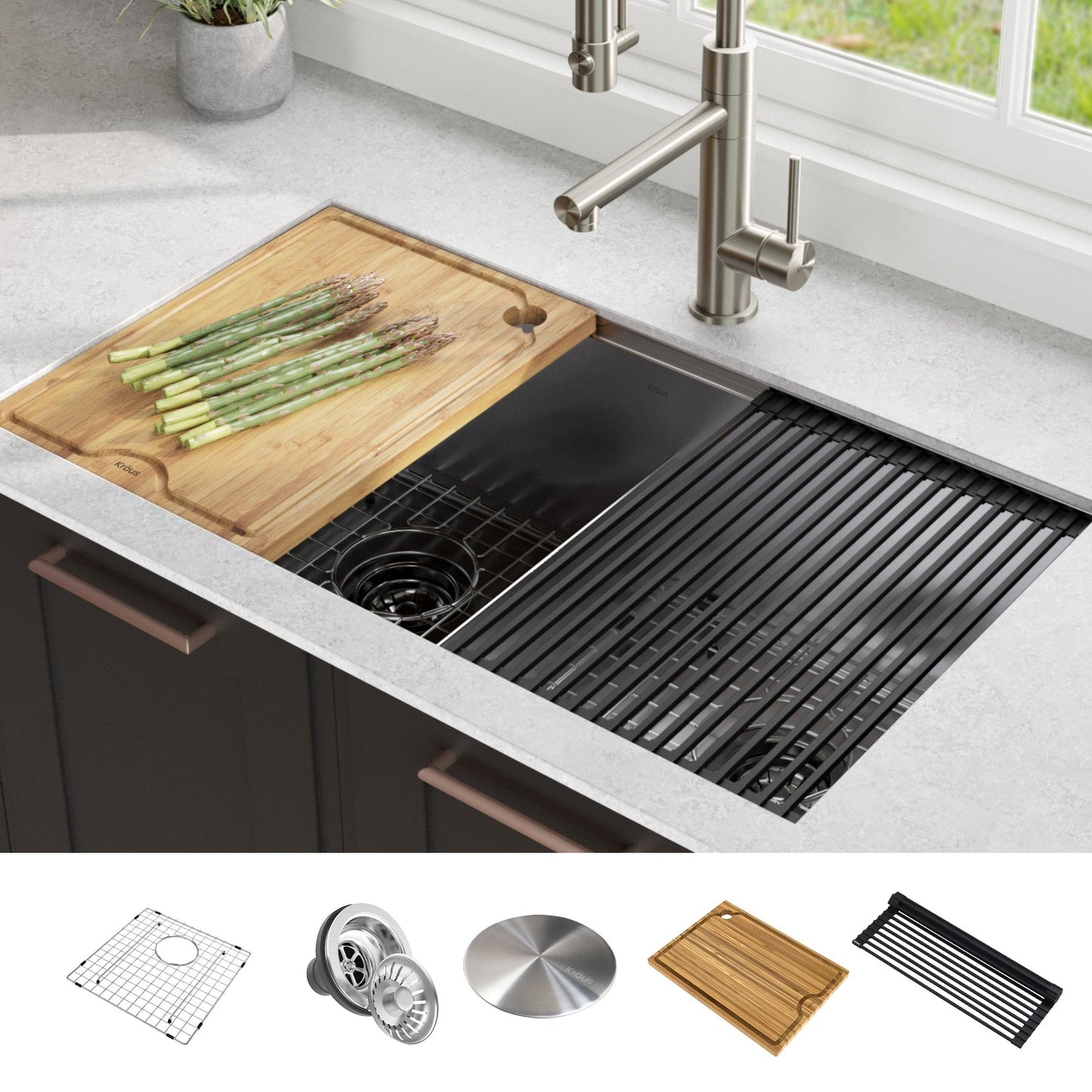 KRAUS Kore Workstation 33" Undermount 16 Gauge Double Bowl Stainless Steel Kitchen Sink with Accessories - KWU112-33