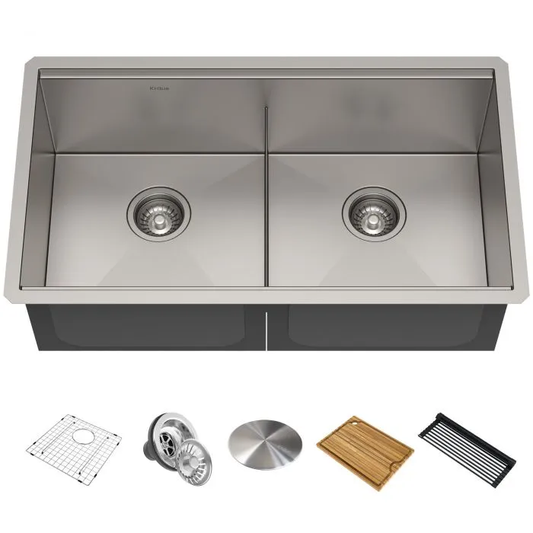 KRAUS Kore Workstation 33" Undermount 16 Gauge Double Bowl Stainless Steel Kitchen Sink with Accessories - KWU112-33