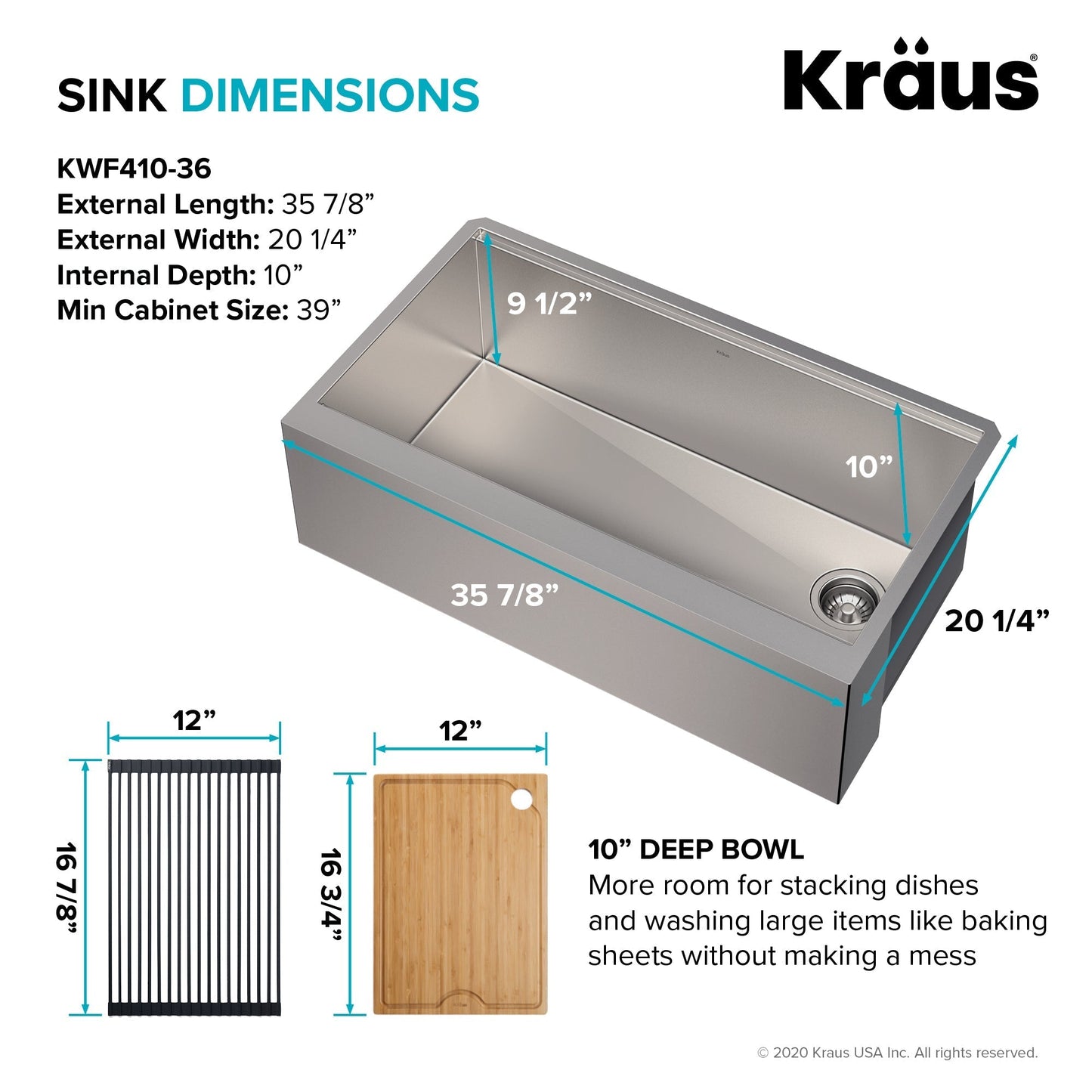 KRAUS Kore Workstation 36" Farmhouse Flat Apron Front 16 Gauge Single Bowl Stainless Steel Kitchen Sink with Accessories - KWF410-36