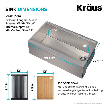 KRAUS Kore Workstation 36" Farmhouse Flat Apron Front 16 Gauge Single Bowl Stainless Steel Kitchen Sink with Accessories - KWF410-36