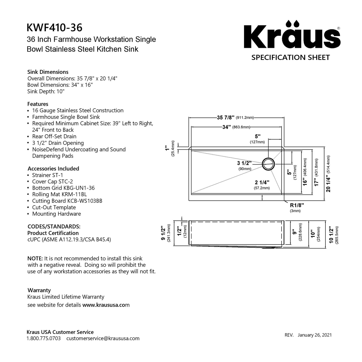 KRAUS Kore Workstation 36" Farmhouse Flat Apron Front 16 Gauge Single Bowl Stainless Steel Kitchen Sink with Accessories - KWF410-36