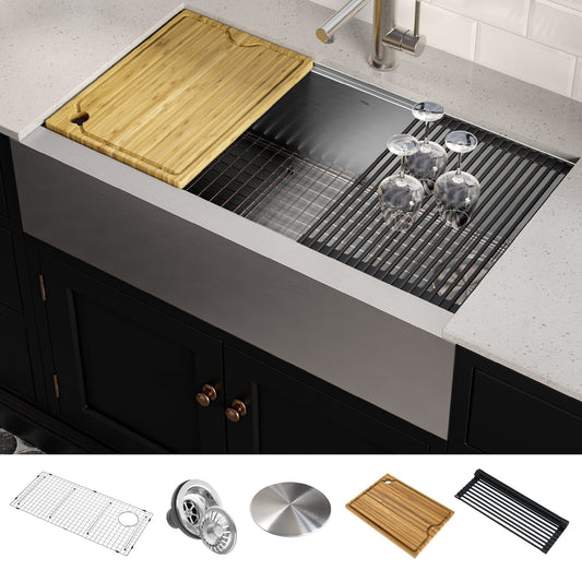 KRAUS Kore Workstation 36" Farmhouse Flat Apron Front 16 Gauge Single Bowl Stainless Steel Kitchen Sink with Accessories - KWF410-36