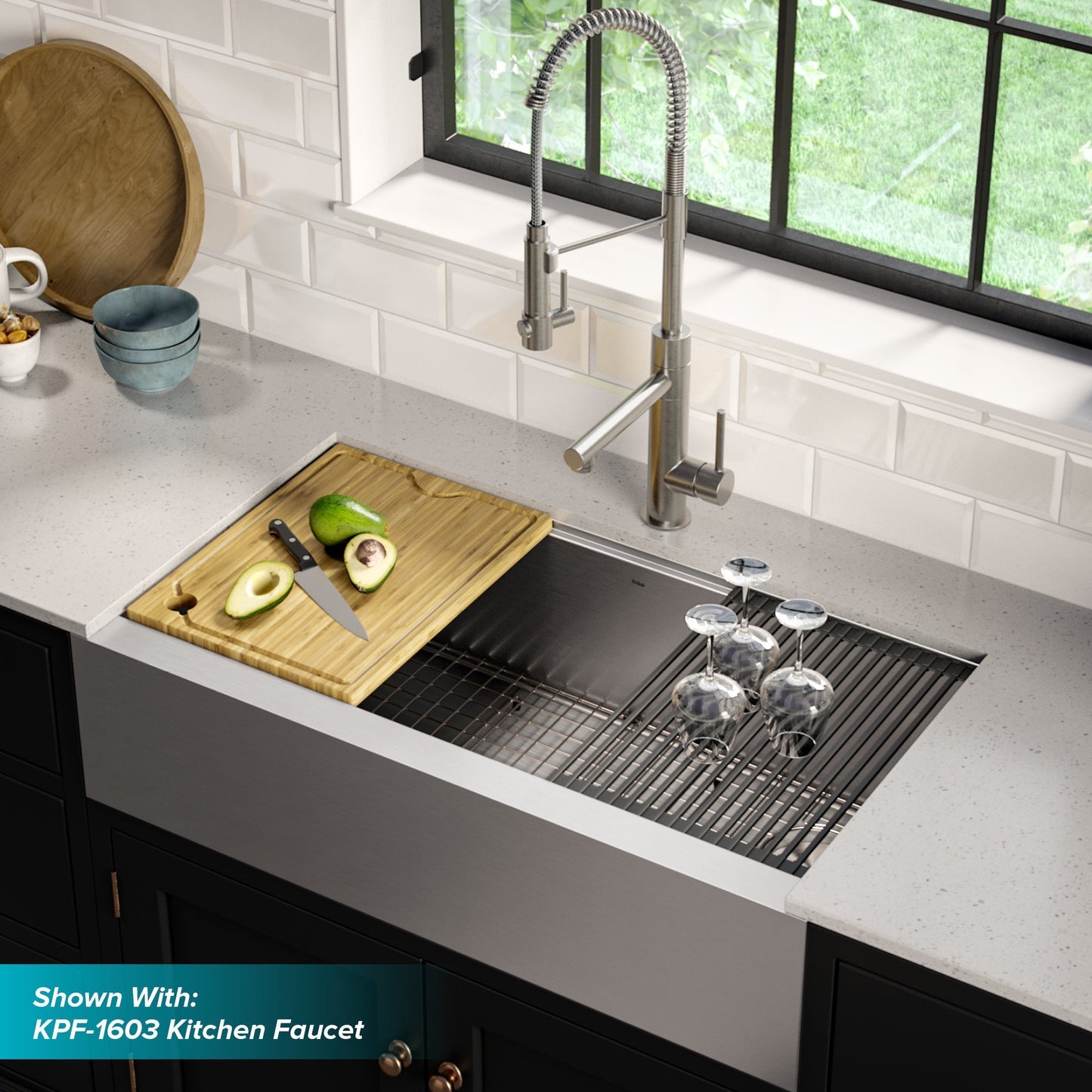 KRAUS Kore Workstation 36" Farmhouse Flat Apron Front 16 Gauge Single Bowl Stainless Steel Kitchen Sink with Accessories - KWF410-36