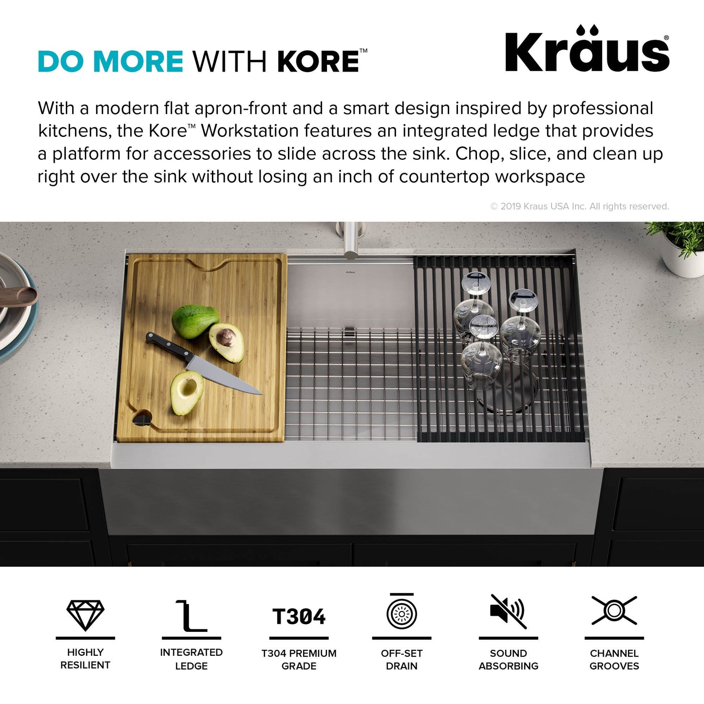 KRAUS Kore Workstation 36" Farmhouse Flat Apron Front 16 Gauge Single Bowl Stainless Steel Kitchen Sink with Accessories - KWF410-36