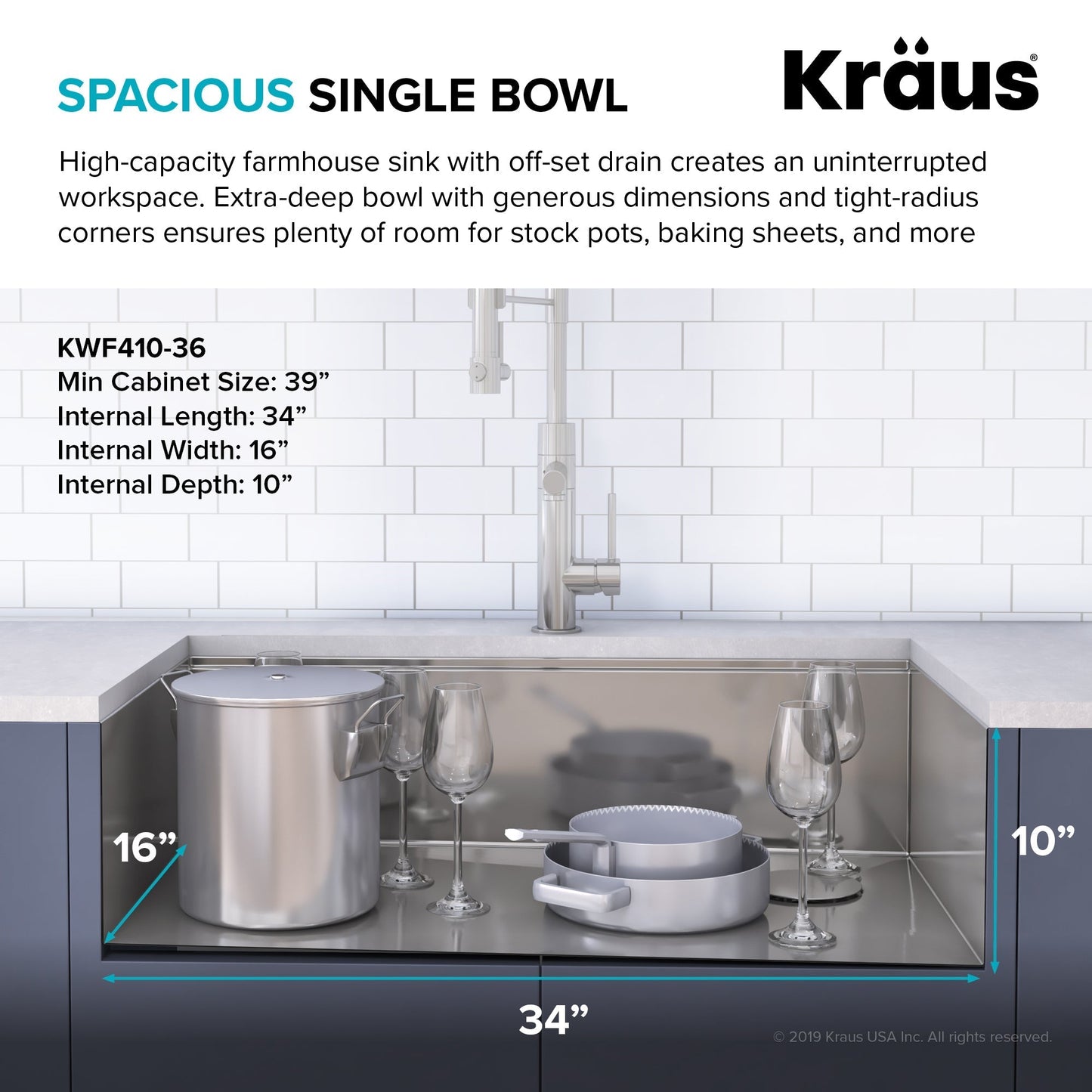 KRAUS Kore Workstation 36" Farmhouse Flat Apron Front 16 Gauge Single Bowl Stainless Steel Kitchen Sink with Accessories - KWF410-36