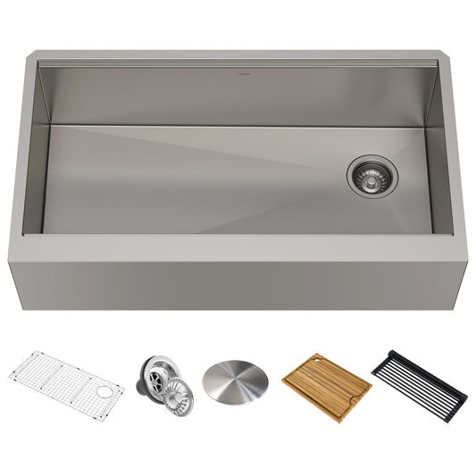 KRAUS Kore Workstation 36" Farmhouse Flat Apron Front 16 Gauge Single Bowl Stainless Steel Kitchen Sink with Accessories - KWF410-36