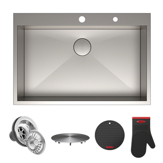 KRAUS Pax Zero-Radius 33" Handmade Topmount Single Bowl 16 Gauge Stainless Steel Drop-In Kitchen Sink with 2 Pre-Drilled Holes - KP1TS33S-2