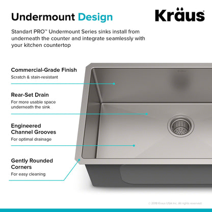 KRAUS 30" Undermount 16 Gauge Single Bowl Stainless Steel Small Radius Kitchen Sink - KHU100-30