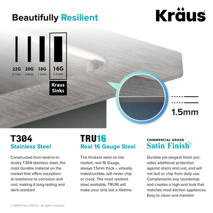 KRAUS 30" Undermount 16 Gauge Single Bowl Stainless Steel Small Radius Kitchen Sink - KHU100-30