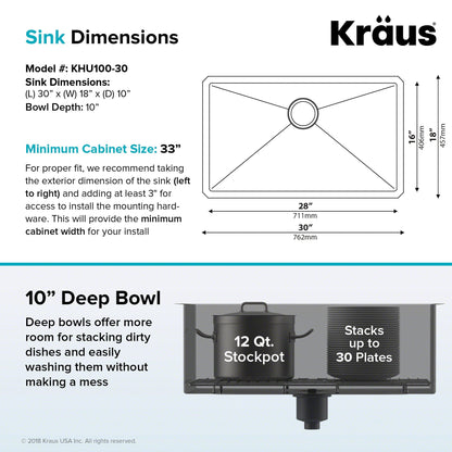 KRAUS 30" Undermount 16 Gauge Single Bowl Stainless Steel Small Radius Kitchen Sink - KHU100-30