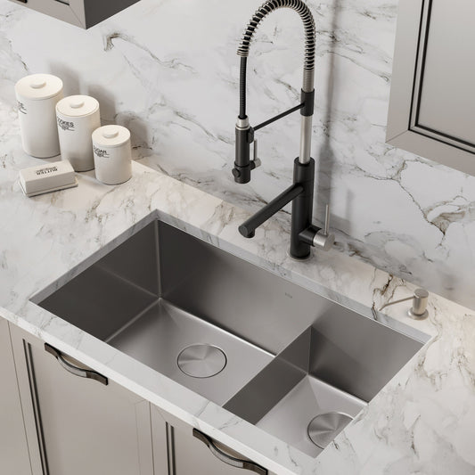 KRAUS Standart PRO 32" 16 Gauge Undermount 60/40 Low Divider Double Bowl Stainless Steel Kitchen Sink - KHU103-32