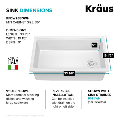 KRAUS Turino 33" Drop-In or Undermount Fireclay Workstation Kitchen Sink in Gloss White - KFDW1-33GWH