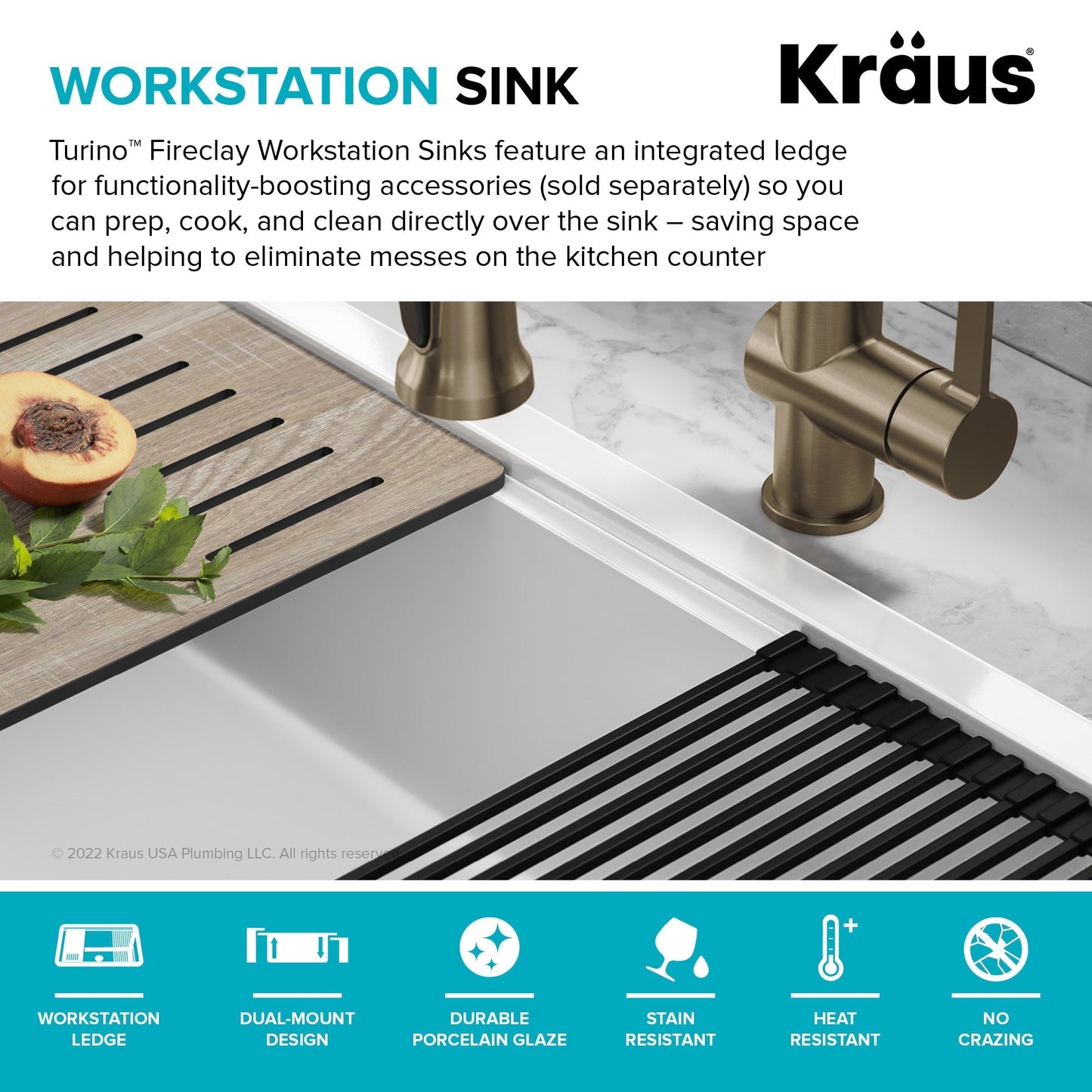 KRAUS Turino 33" Drop-In or Undermount Fireclay Workstation Kitchen Sink in Gloss White - KFDW1-33GWH
