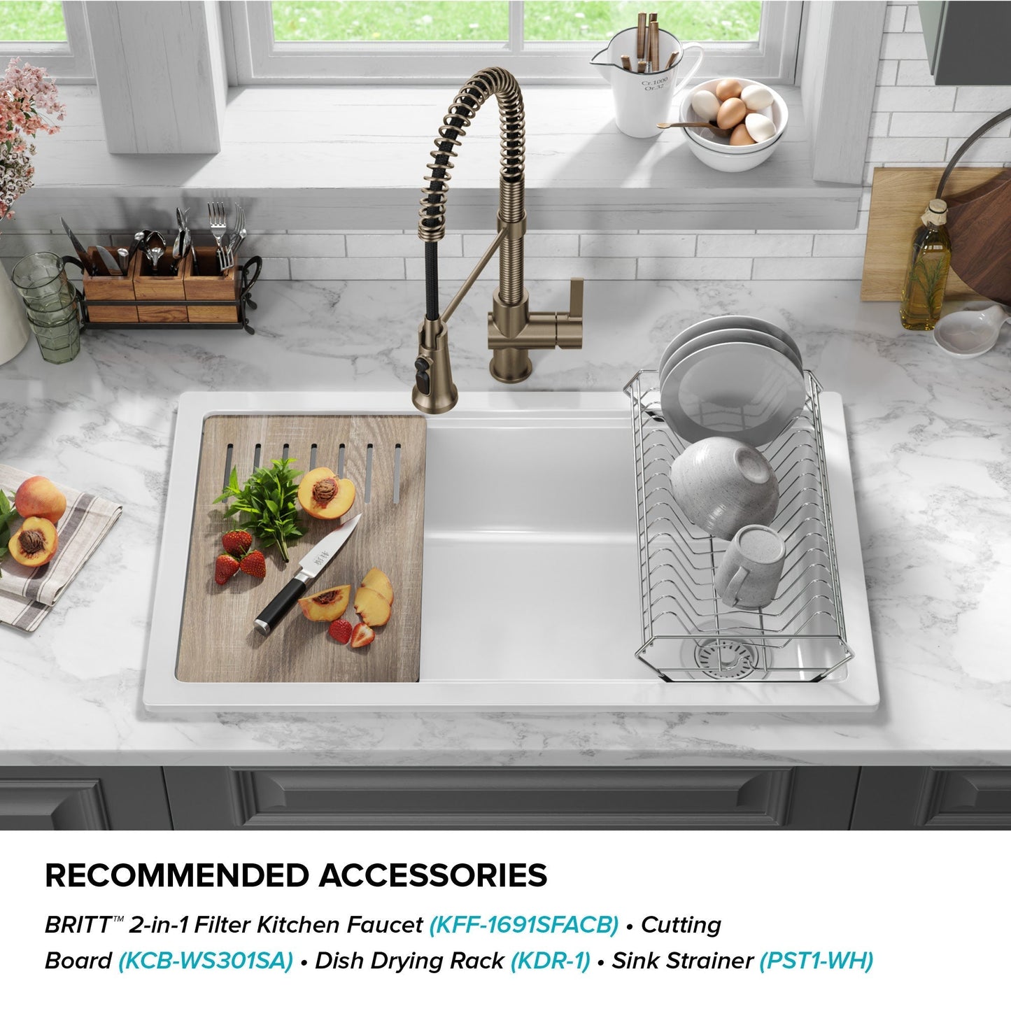 KRAUS Turino 33" Drop-In or Undermount Fireclay Workstation Kitchen Sink in Gloss White - KFDW1-33GWH