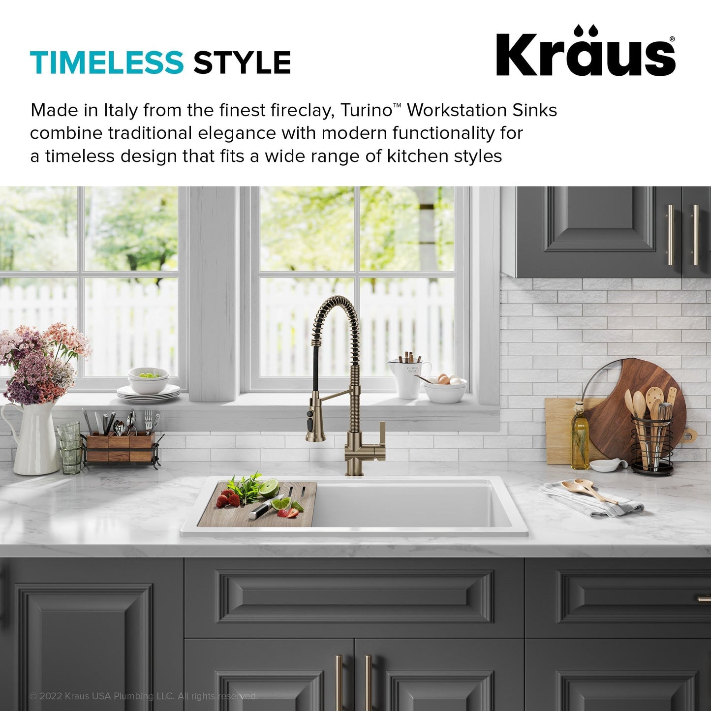 KRAUS Turino 33" Drop-In or Undermount Fireclay Workstation Kitchen Sink in Gloss White - KFDW1-33GWH