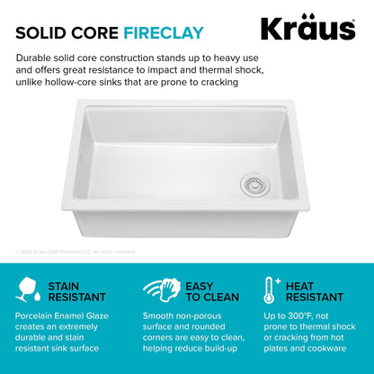 KRAUS Turino 33" Drop-In or Undermount Fireclay Workstation Kitchen Sink in Gloss White - KFDW1-33GWH