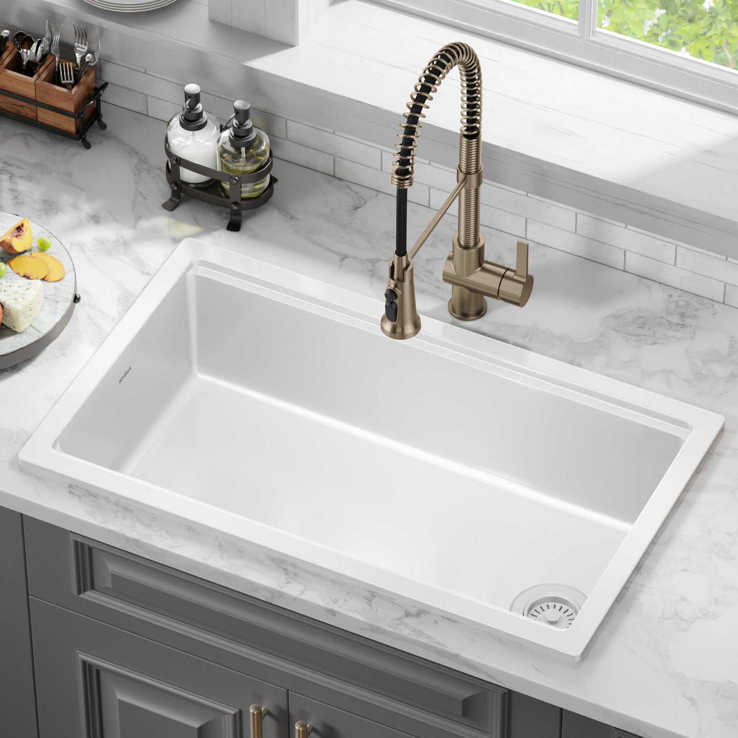 KRAUS Turino 33" Drop-In or Undermount Fireclay Workstation Kitchen Sink in Gloss White - KFDW1-33GWH