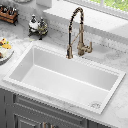 KRAUS Turino 33" Drop-In or Undermount Fireclay Workstation Kitchen Sink in Gloss White - KFDW1-33GWH