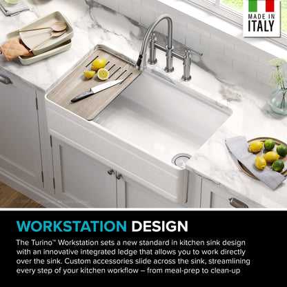 KRAUS Turino Workstation 33" Reversible Apron Front Fireclay Kitchen Sink with Accessories in Gloss White - KFR4-33GWH