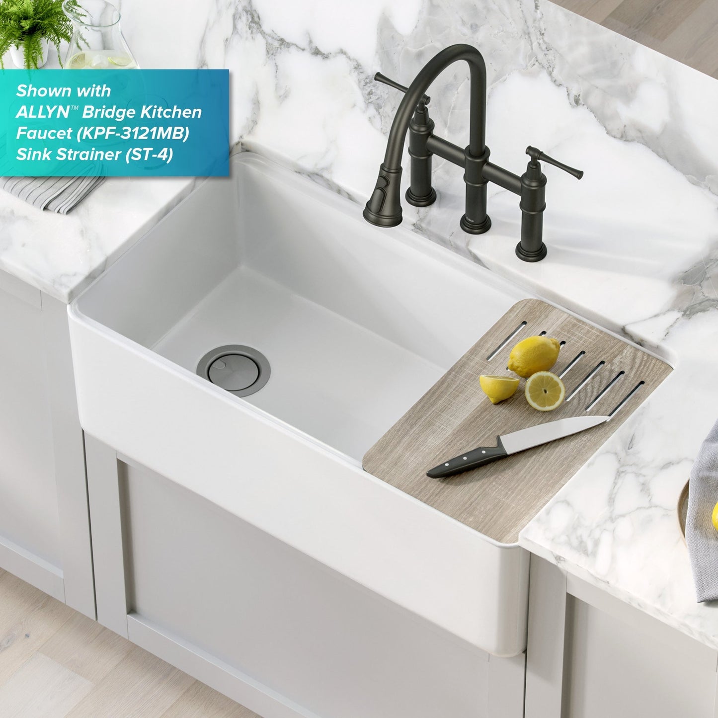 KRAUS Turino Workstation 33" Reversible Apron Front Fireclay Kitchen Sink with Accessories in Gloss White - KFR4-33GWH