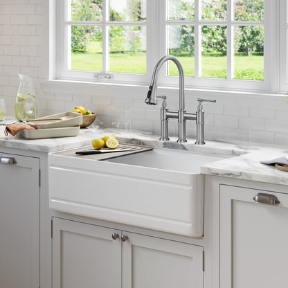 KRAUS Turino Workstation 33" Reversible Apron Front Fireclay Kitchen Sink with Accessories in Gloss White - KFR4-33GWH