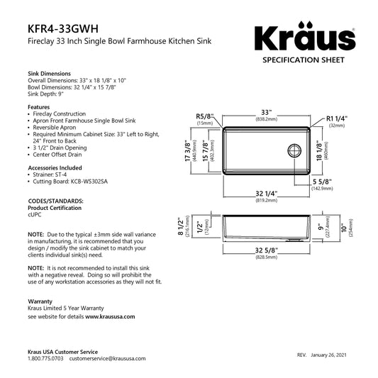KRAUS Turino Workstation 33" Reversible Apron Front Fireclay Kitchen Sink with Accessories in Gloss White - KFR4-33GWH