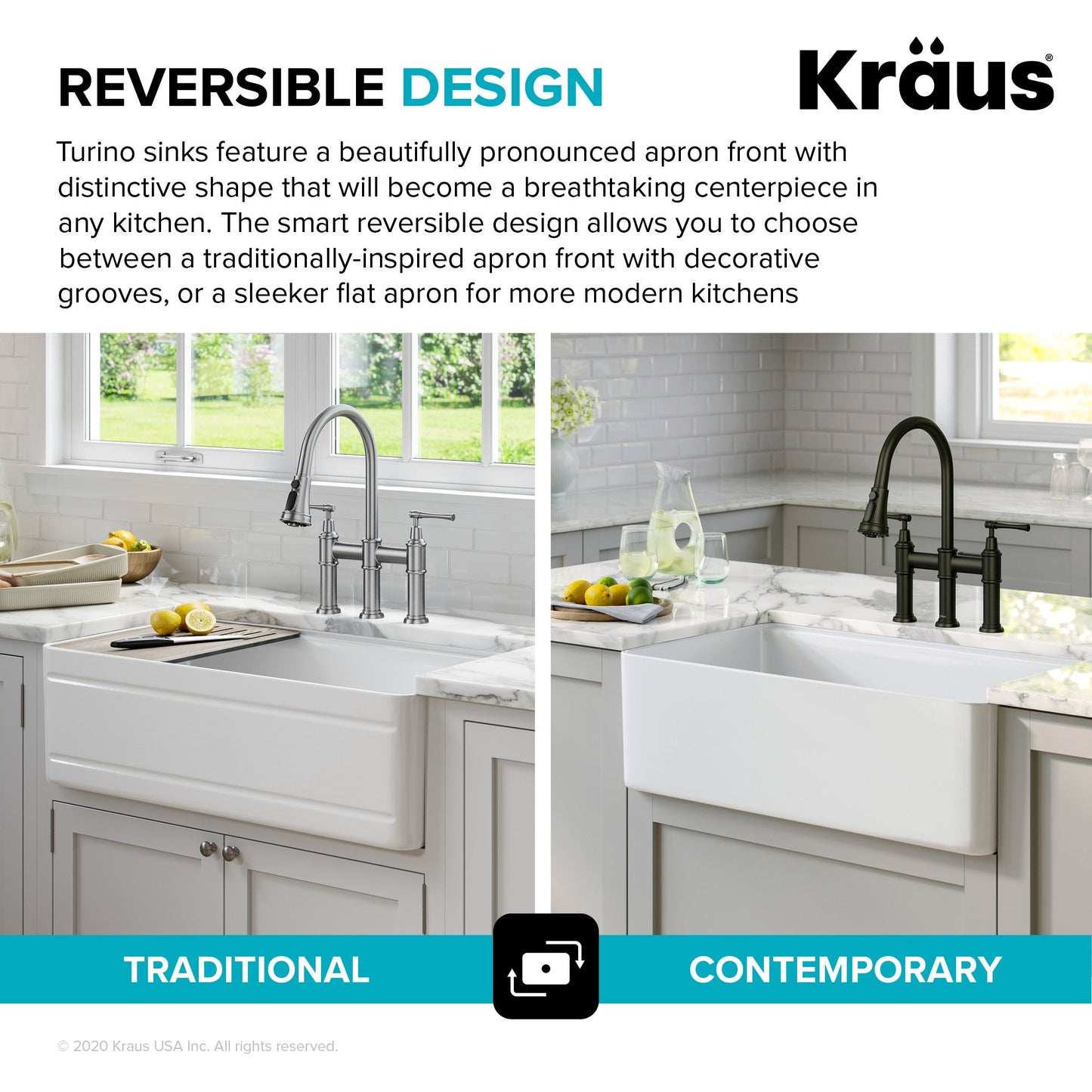 KRAUS Turino Workstation 33" Reversible Apron Front Fireclay Kitchen Sink with Accessories in Gloss White - KFR4-33GWH