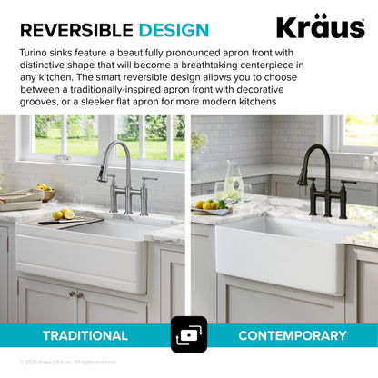 KRAUS Turino Workstation 33" Reversible Apron Front Fireclay Kitchen Sink with Accessories in Gloss White - KFR4-33GWH