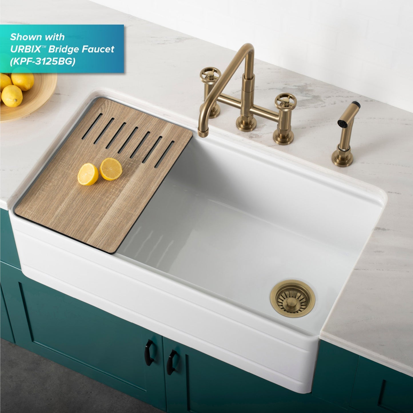 KRAUS Turino Workstation 33" Reversible Apron Front Fireclay Kitchen Sink with Accessories in Gloss White - KFR4-33GWH