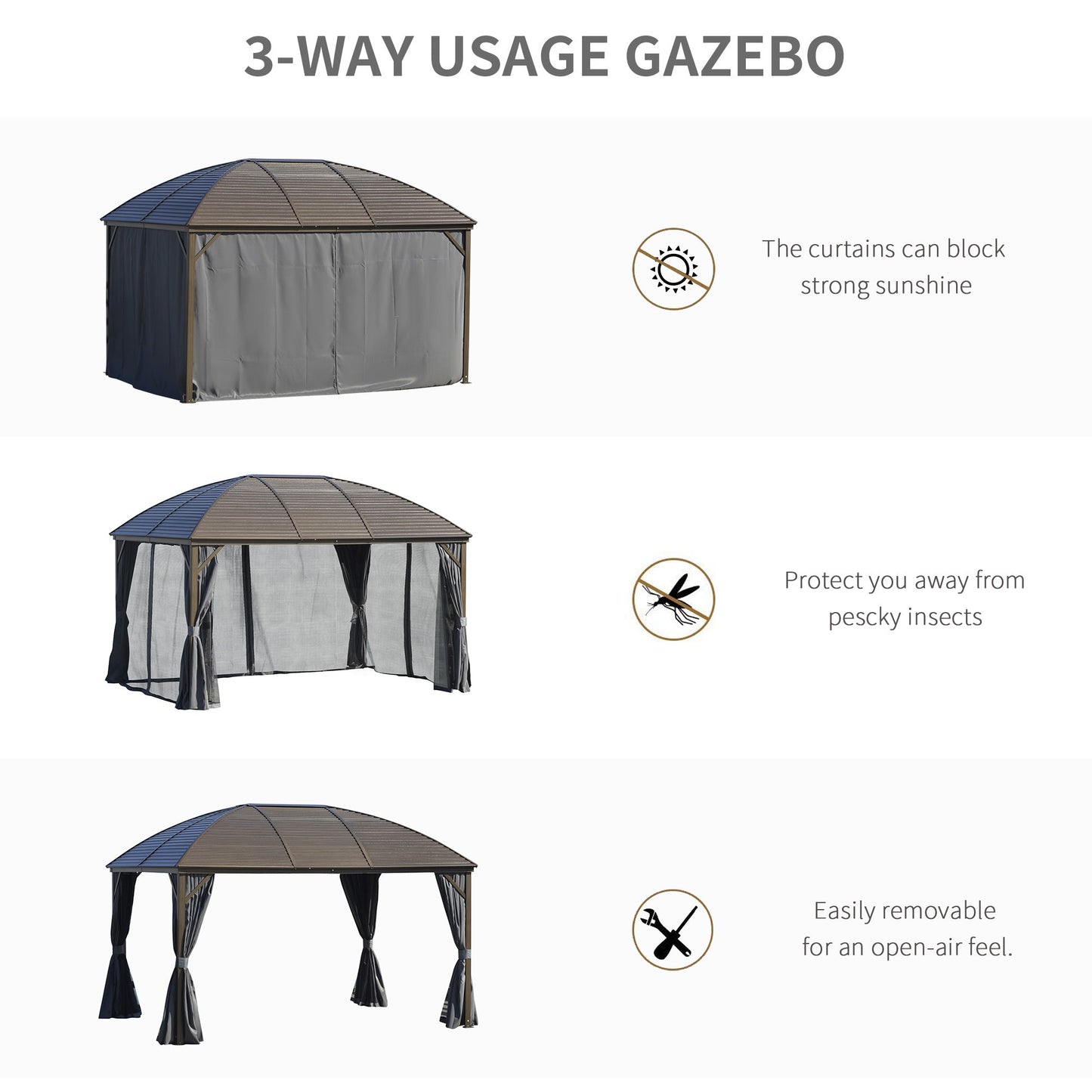 Outsunny 10' x 13' Hardtop Gazebo with Curtains, Netting, Steel Roof, Ceiling Hook, Gray - 84C-097CG