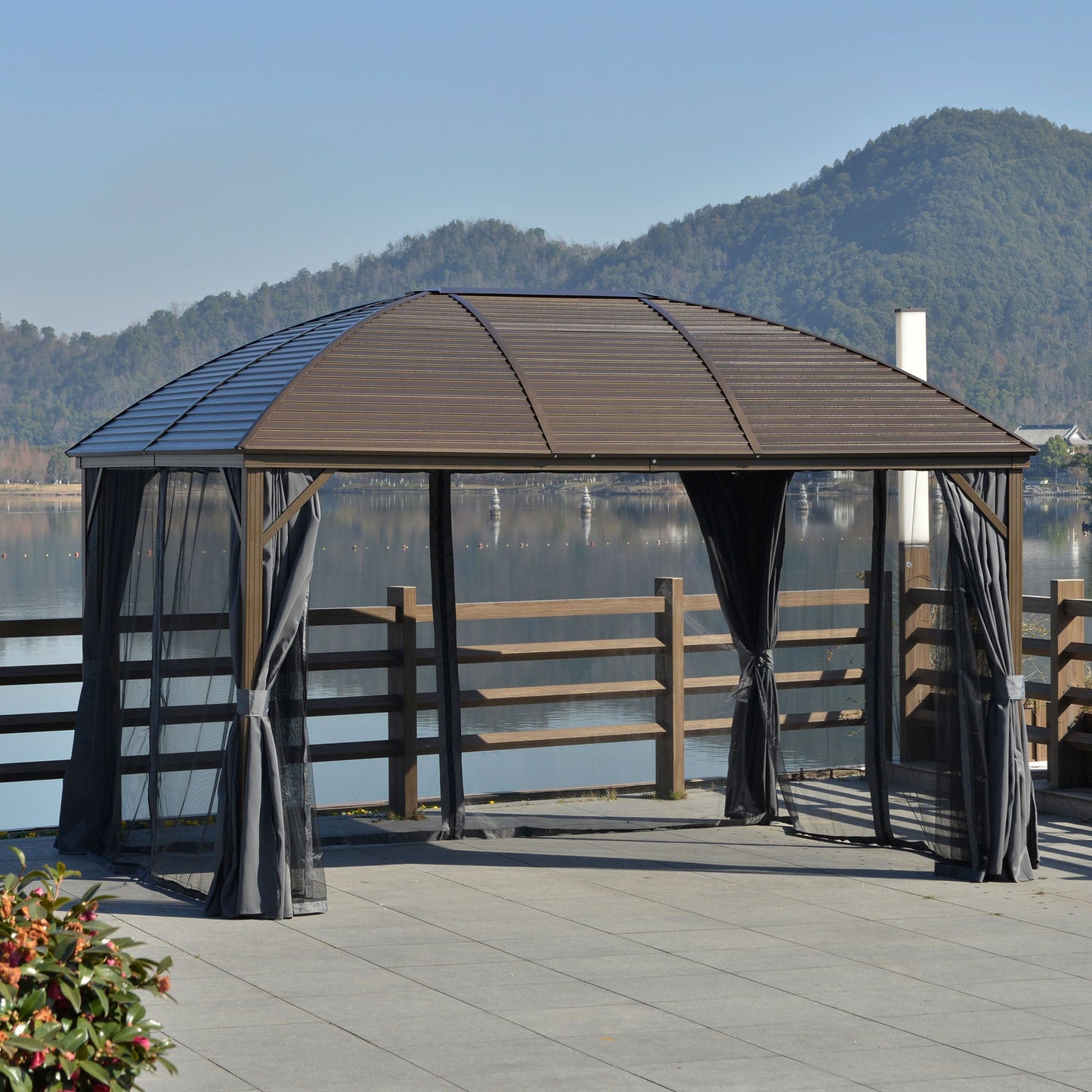 Outsunny 10' x 13' Hardtop Gazebo with Curtains, Netting, Steel Roof, Ceiling Hook, Gray - 84C-097CG