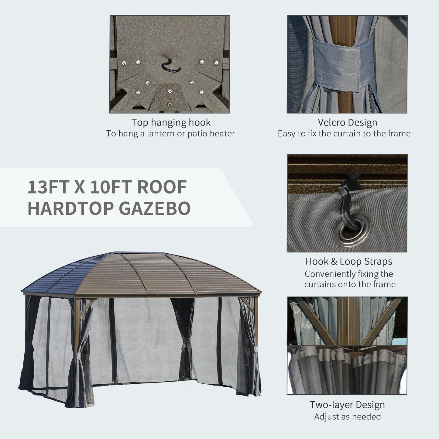 Outsunny 10' x 13' Hardtop Gazebo with Curtains, Netting, Steel Roof, Ceiling Hook, Gray - 84C-097CG