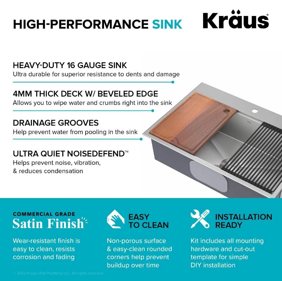 KRAUS Kore 33" Drop-In Single Bowl 16 Gauge Workstation Sink - KWT330-33