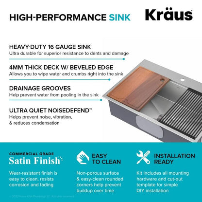 KRAUS Kore 33" Drop-In Single Bowl 16 Gauge Workstation Sink - KWT330-33