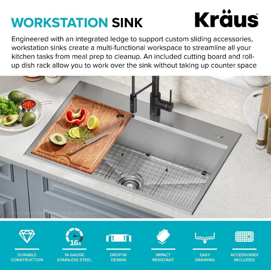KRAUS Kore 33" Drop-In Single Bowl 16 Gauge Workstation Sink - KWT330-33
