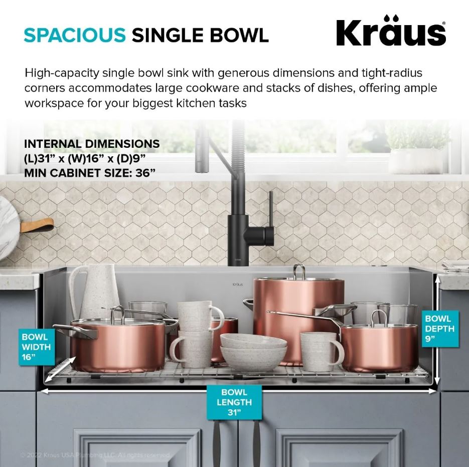 KRAUS Kore 33" Drop-In Single Bowl 16 Gauge Workstation Sink - KWT330-33