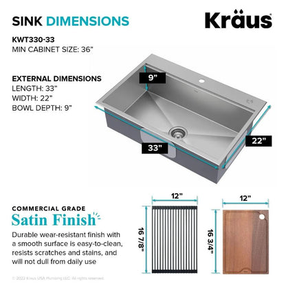 KRAUS Kore 33" Drop-In Single Bowl 16 Gauge Workstation Sink - KWT330-33