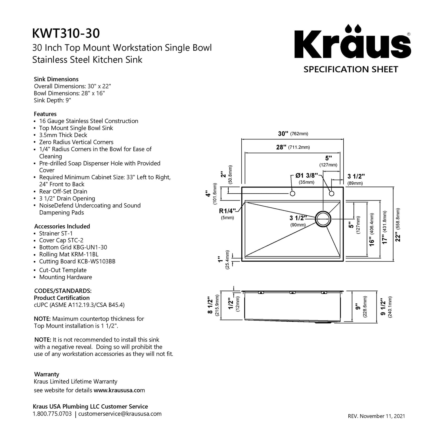KRAUS Kore 30" Drop-In Workstation 16 Gauge Stainless Steel Single Bowl Kitchen Sink with Accessories - KWT310-30