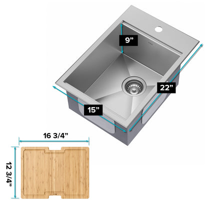 KRAUS 15" x 22" Outdoor Marine Grade Workstation Drop-In T-316 Stainless Steel Bar Sink - KWT311-15-316