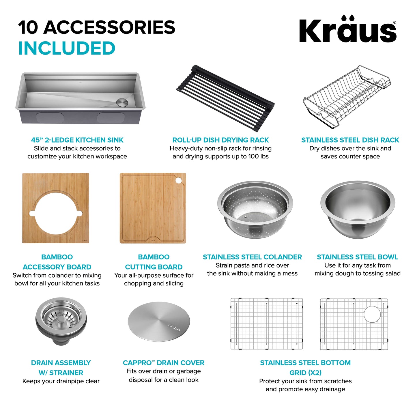 KRAUS Kore 2-Tier Workstation 45" Undermount 16 Gauge Single Bowl Stainless Steel Kitchen Sink with Accessories - KWU120-45