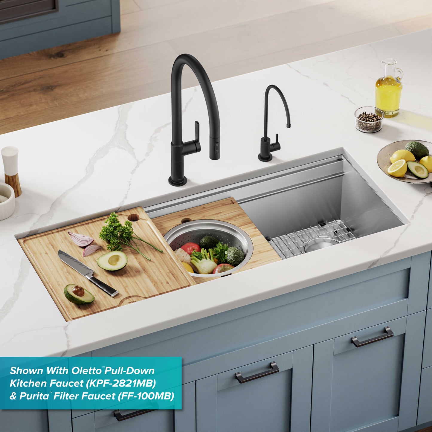 KRAUS Kore 2-Tier Workstation 45" Undermount 16 Gauge Single Bowl Stainless Steel Kitchen Sink with Accessories - KWU120-45