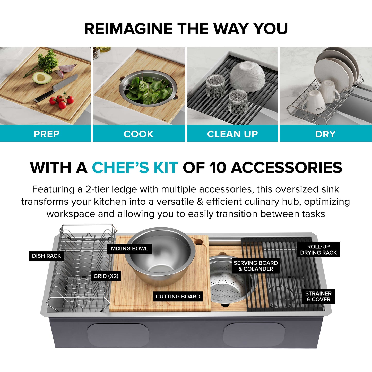 KRAUS Kore 2-Tier Workstation 45" Undermount 16 Gauge Single Bowl Stainless Steel Kitchen Sink with Accessories - KWU120-45