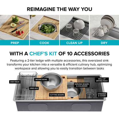 KRAUS Kore 2-Tier Workstation 45" Undermount 16 Gauge Single Bowl Stainless Steel Kitchen Sink with Accessories - KWU120-45
